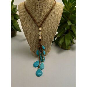 C.I.T.Y. Tassel Boho Necklace Long Brown Leather Faux Turquoise Gold Tone NEW